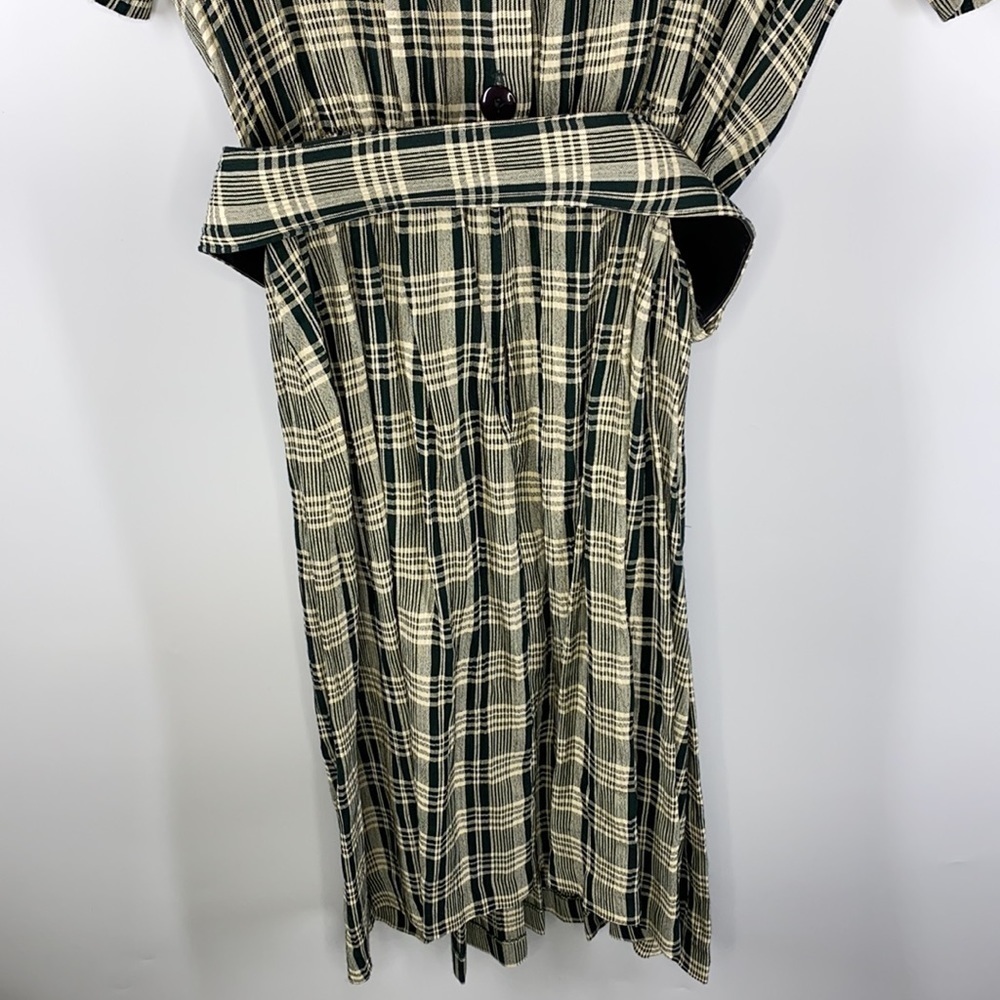 Casual Corner Vintage Green Cream Midi Scoop Neck Belted Dress - Picture 8 of 11